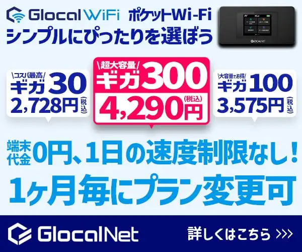クラウドWiFi大容量プラン　動画もSNSもたっぷり堪能ギガ300プラン【Glocal WiFi】